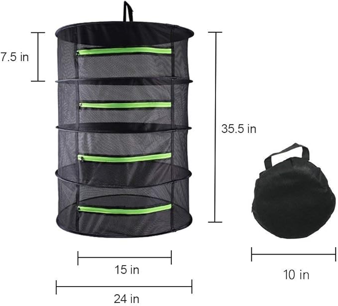 Drying Rack Net Dryer 4 Layer 2ft Black W/Green Zippers Hydroponics Drying Rack Herbs for Plant Bud Seed,Plant Racks for Weed,Mesh Hanging Plant Dry,Herb Dry,for Garden Outdoor Bud Tea