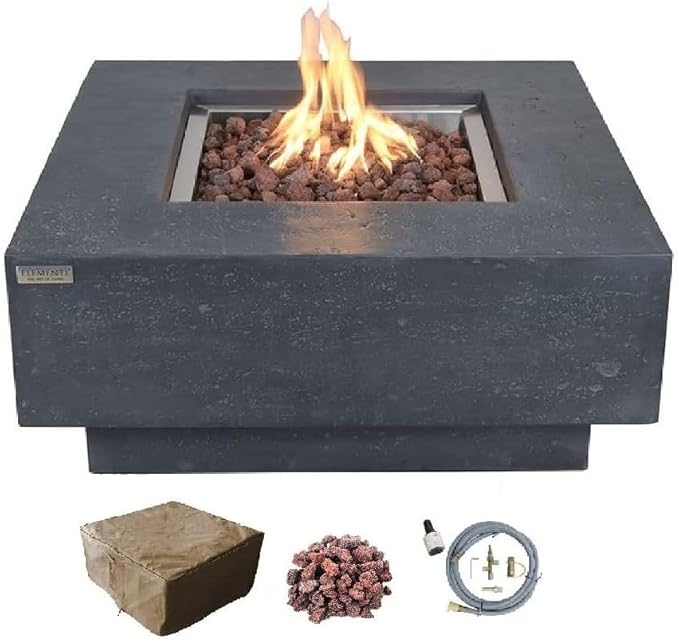 Elementi | Manhattan Gas Fire Pit Cast Concrete 36" Square Fire Table, Outdoor Fire Pit Electronic Ignition | Canvas Cover, Lava Rock Included | Dark Gray (Natural Gas)