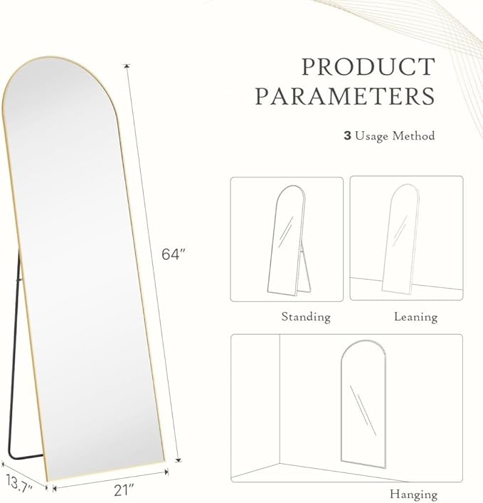Arched Full Length Mirror, 64"x 21" Floor Mirror with Aluminum Alloy Thin Frame, Full Body Mirror Hanging or Leaning for Wall Bedroom Dressing Mirror Home Decor, Gold