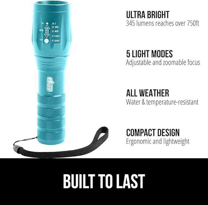 GORILLA GRIP Powerful LED Tactical Flashlight, 750 FT High Lumens 5 Adjustable Modes, Water Resistant, Ultra Bright Flashlights, Small Mini Flash Light, Camping, Night Dog Walking, 2 Pack Turquoise