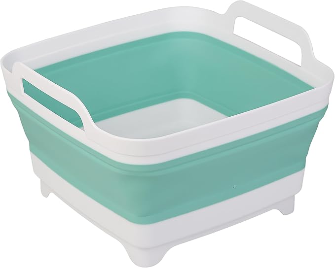 Dishpan for Washing Dishes, 2.4Gal/9L Wash Basin with Draining Plug Carry Handles, Collapsible Bucket for Cleaning, Portable Sink, Foldable Plastic Tub