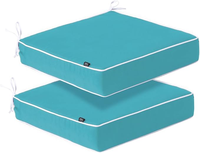 PNP FKJP 2 Pack Outdoor Chair Cushion 20" X 20" X 4", Waterproof Outdoor Seat Cushions with Non-Skid Ties, Aqua Blue (Cushion + Cover)