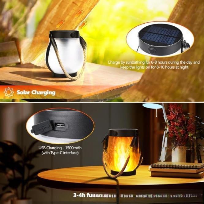 Solar Lantern Outdoor lamp - Waterproof Type Solar Flame lamp Can be Hung and Features Dancing Flames. Hemp Rope Suspended Flame Lantern, Dual Charging Mode, Smoke-Free (4PC)