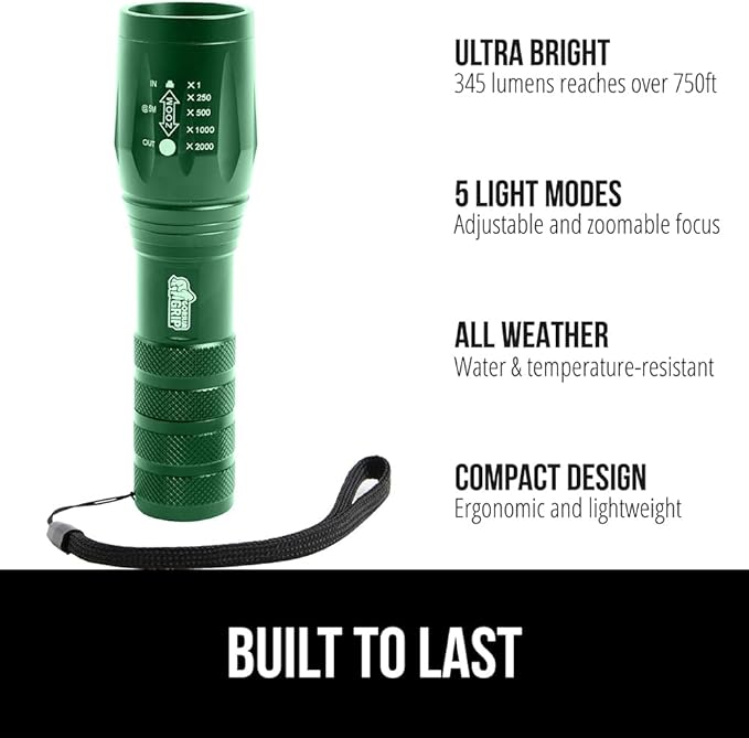 GORILLA GRIP Powerful LED Tactical Flashlight, 750 FT High Lumens 5 Adjustable Modes, Water Resistant, Ultra Bright Zoom Flashlights, Small Mini Flash Light, Camping, Night Dog Walking, 2 Pack Green