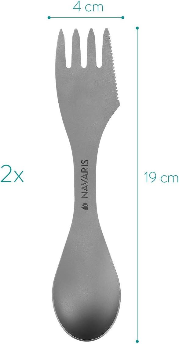 Navaris Titanium Spork Camping Utensils (Set of 2) - 3-in-1 Fork, Spoon, Knife Cutlery Combo - Metal Silverware for Backpacking, Hiking, Outdoors