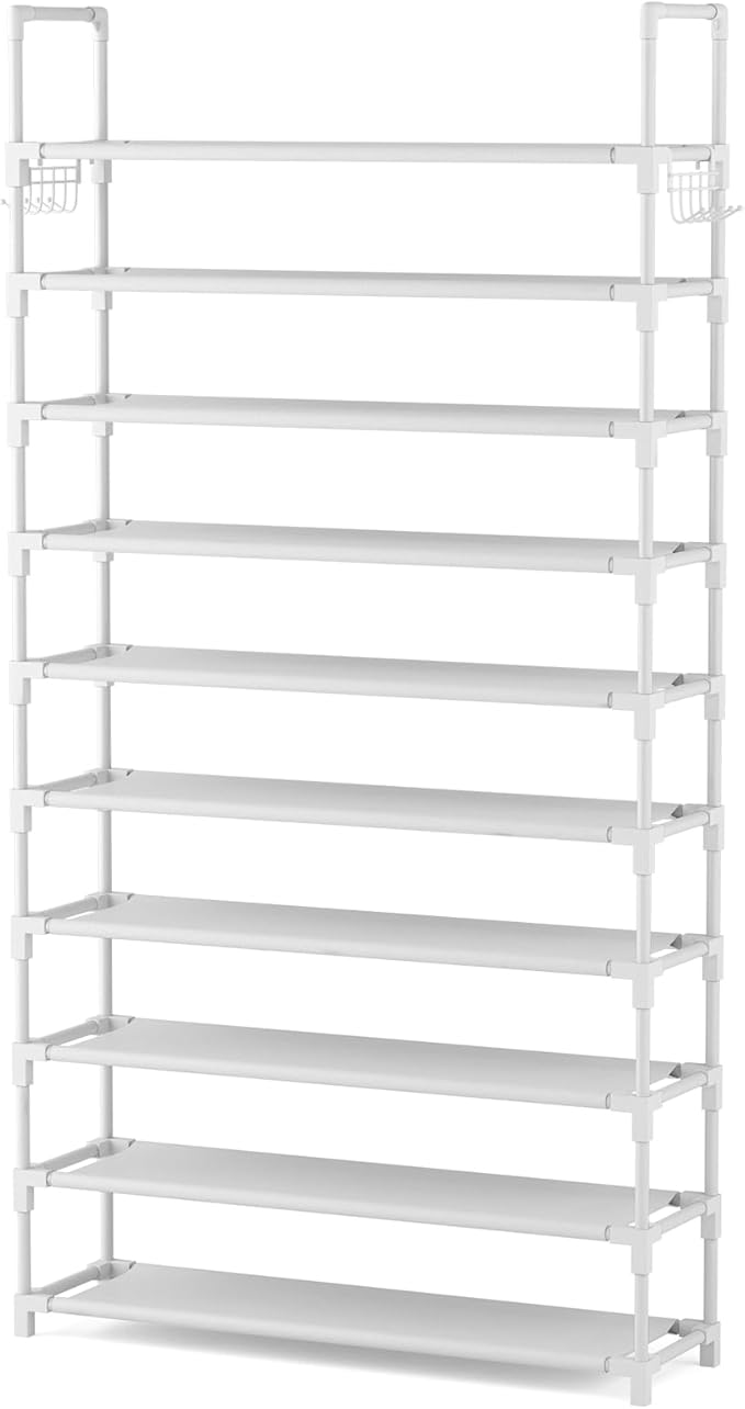 VTRIN 10 Tiers Shoe Rack Tall Large Capacity 50 Pairs Wide Shoe Organizer Sturdy Shoe Shelf for Entryway with Two Hooks Metal Shoe Storage for Closet, Bedroom, White, XJ-113