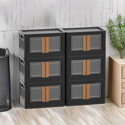 HAIXIN Storage Bins with 6 Lids - 8.4 Gal Closet Cabinet 6 Pack Plastic Stackable Organizers with Front Opening Door Black Foldable Storage Box for Home Garage Office Craft