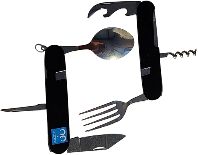 outdoor/camping 6-in-1 multi-function flatware silverware set, include knife, fork, spoon, corkscrew, bottle opener and fruit fork