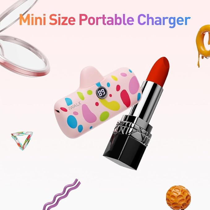 iWALK USB-C Portable Charger with Colorful Pattern, 20W PD Fast Charging 4800mAh Small Power Bank with LED Display, Compatible with iPhone 16/15, 16/15 Plus, 16/15 Pro Max, iPad, Airpods, Pink