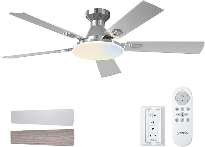 addlon Ceiling Fans with Lights, 52 inch Flush Mount Ceiling fan with Remote Control, Wall Remote, Reversible, 5CCT, Dimmable, Noiseless DC Motor, Nickel Low Profile Ceiling Fan for Bedroom, Farmhouse