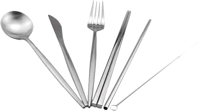 Gugrida Reusable Travel Utensils, 7 Pieces Portable 18/10 Stainless Steel include Knife Fork Spoon Chopsticks Cleaning Brush Straws Portable Pouch, Eco-friendly Camping Silverware Set, Dishwasher Safe