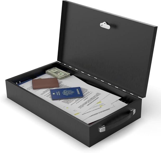 Fire Retardant Large Strong Box, Fits Legal Documents & More Flat, Steel Security Chest Lock Box, Fire Resistant to Safeguard Vitals, 0.43 Cubic Ft, 18" x 10" x 3.5" Interior, Black