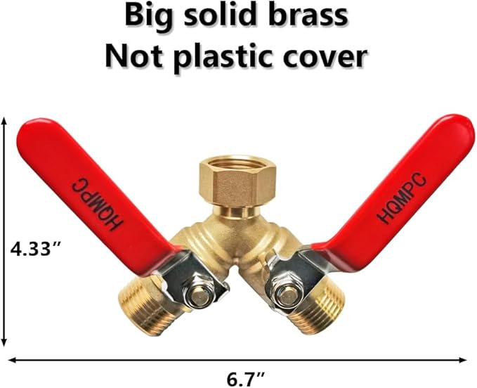 HQMPC Garden Hose Y Valve Hose Splitter Brass Hose Splitter With Stainless Steel Long Handle Brass Y Valve Water Garden Hose Adapter 2 Way Y Valve 3/4" GHT Thread