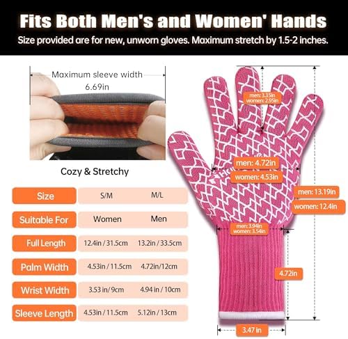 HandLove BBQ Gloves, Oven Gloves with Fingers – Heat Resistant Gloves for Grilling | Silicone Grip, Long Cuff Mitts - Kitchen & Outdoor Barbecue, Cooking, Baking, Pink L