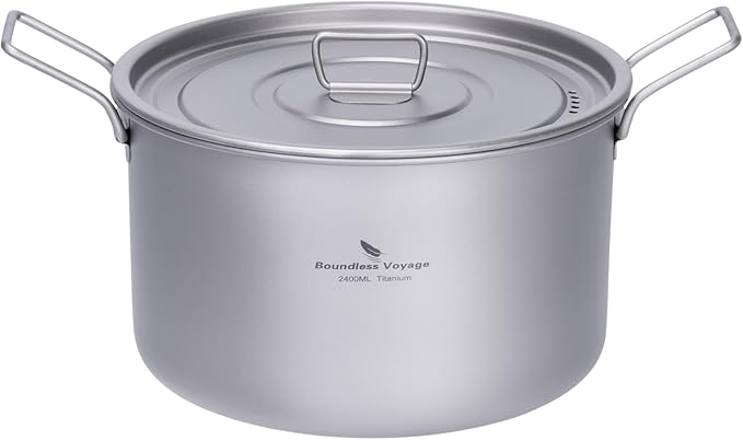 iBasingo 2.4L Titanium Soup Pot with Lid Camping Cookware with Foldable Handle Portable Lightweight Outdoor Kitchen Cooking Kit for Backpacking Hiking Picnic Fishing Mountaineering Ti2108C