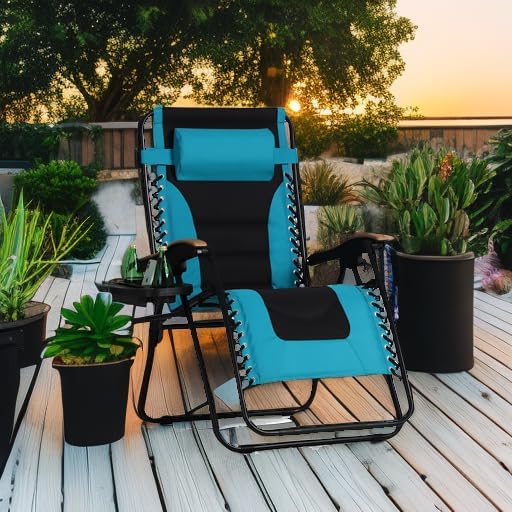 PHI VILLA XXL Oversized Padded Zero Gravity Chair, Foldable Patio Recliner, 30" Wide Seat Anti Gravity Lounger with Cup Holder, Support 400 LBS (Aqua)