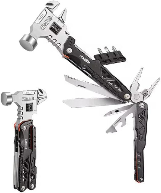 MALOM 18-in-1 Upgraded adjustable Hammer, Stainless Steel multitool Pliers with Replaceable Tungsten Wire Cutters, Bottle Opener, Nylon Sheath, Ideal for Camping, Survival, Hunting (Black)