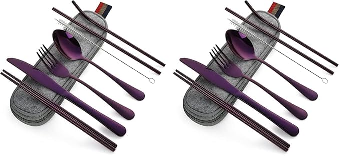 DEVICO Portable Utensils, Travel Camping Cutlery Set, 8-Piece including Knife Fork Spoon Chopsticks Cleaning Brush Straws Portable Case, Stainless Steel Flatware set (Purple) (Pack of 2)
