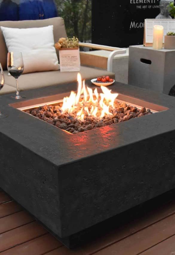 Elementi | Manhattan Gas Fire Pit Cast Concrete 36" Square Fire Table, Outdoor Fire Pit Electronic Ignition | Canvas Cover, Lava Rock Included | Dark Gray (Natural Gas)