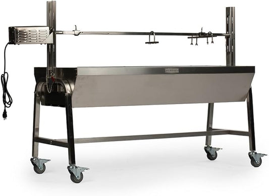 Ash & Ember 25W Stainless Steel BBQ Rotisserie Grill, 4 RPM Rotation Speed, Rated 125 LB for Large Game, Portable Electric Outdoor Roaster with Dual Prongs, Single Leg Bracket, and Spine Fork