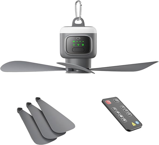 VVU&CCO 18' Portable Ceiling Fan with Light for Patio Canopy Tent Porch RV, 4 Speed Adjustment with Lighting, 8 Hours Timer & Use Time Up to 30H, 12000mAh Battery -operated Ceiling Fan with Remote
