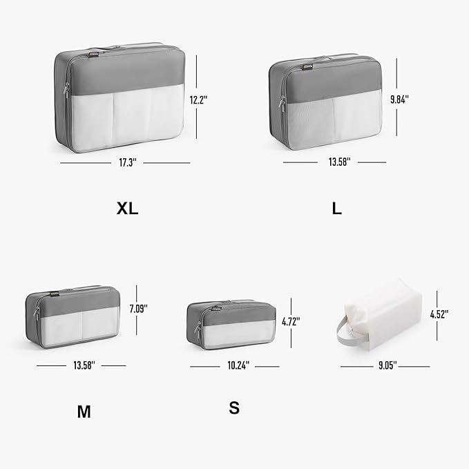 6 Set Compression Packing Cubes for Travel Essentials, Luggage Organizers for Suitcases (Silver)