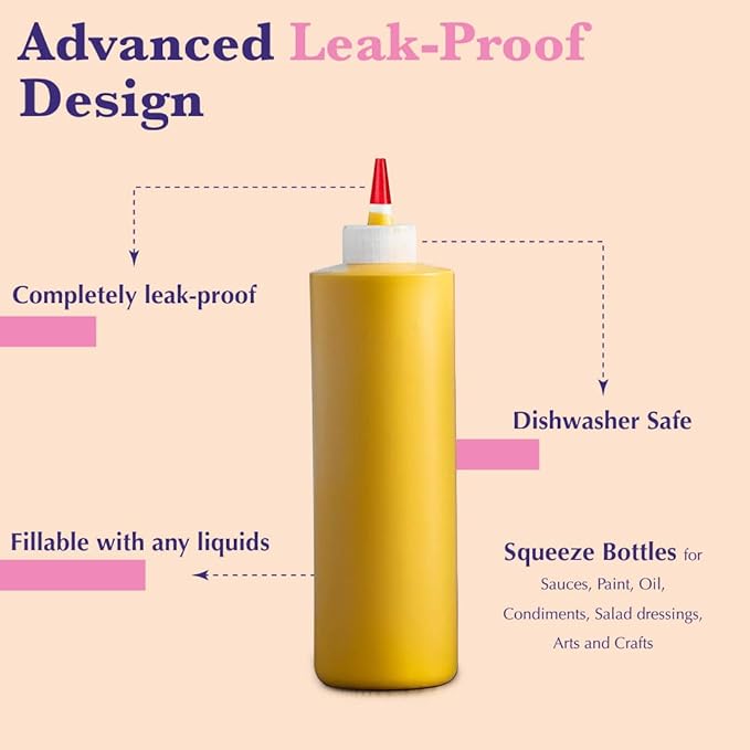 6-Pack Condiment Squeeze Bottles for Sauces - Includes Funnel, Erasable Marker & Reusable Labels, Perfect for Salad Dressings, Liquids, and Ketchup, Durable Plastic 32 oz Bottles