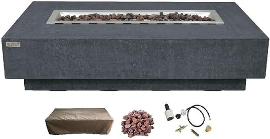 Elementi | Hampton Gas Fire Pit Cast Concrete 56" Rectangular Fire Table, Outdoor Fire Pit Electronic Ignition | Canvas Cover, Lava Rock Included | Dark Gray (Propane Gas)