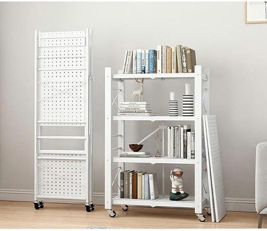 4-Tire Storage Rack, Height Adjustable, 32 * 13 * 50in Foldable Metal Garage Storage Shelves Organizer, Portable Metal Kitchen Shelving, Closet Shelving Unit Bakers Rack (White 4 Shelfs)
