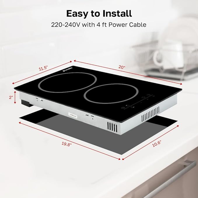 ThermoMate 2 Burners Electric Cooktop, 12 Inch Built in Electric Radiant Stove Top, 3200W Ceramic Glass Cooktop with Sensor Touch Control, 9 Heating Level, Chlid Lock & Timer, 220-240V Hard Wire