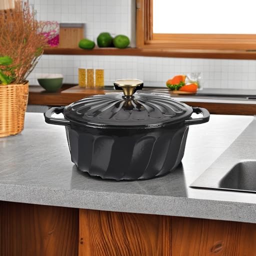 Enameled Cast Iron Dutch Oven with Lid, 3 QT Cast Iron Dutch Oven Pot, Heavy Duty Cast Iron Pot for Bread Baking, Cook, Bake, Oven Safe across All Cooktops(Black,3 QT)