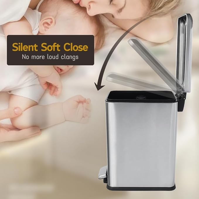 Bathroom Trash Can, 10 Liter / 2.6 Gallon Stainless Steel Garbage Can with Removable Inner Bucket, Soft Close Lid Step Trash Bin for Bedroom, Office, Kitchen, Brushed Silver