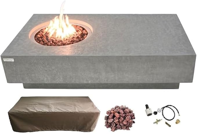 Elementi | Metropolis Gas Fire Pit Cast Concrete 56" Rectangular Fire Table, Outdoor Fire Pit Electronic Ignition | Canvas Cover, Lava Rock Included | Light Gray (Propane Gas)