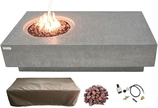 Elementi | Metropolis Gas Fire Pit Cast Concrete 56" Rectangular Fire Table, Outdoor Fire Pit Electronic Ignition | Canvas Cover, Lava Rock Included | Light Gray (Propane Gas)