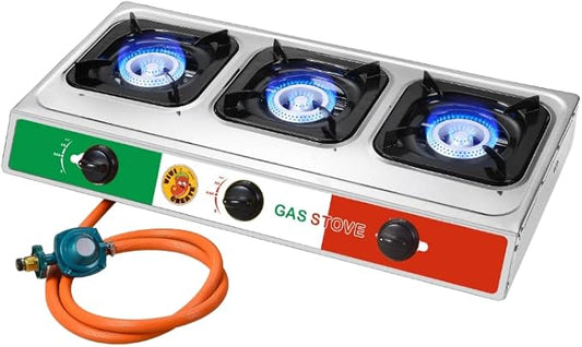 Vivicreate 3 Burner Propane Gas Stove 30000 BTU Stainless Steel Cooktop with Enamel Pan Supports Electronic Ignition for Outdoor Cooking Camping BBQ Estufa de Gas Portátil Fogón de Gas