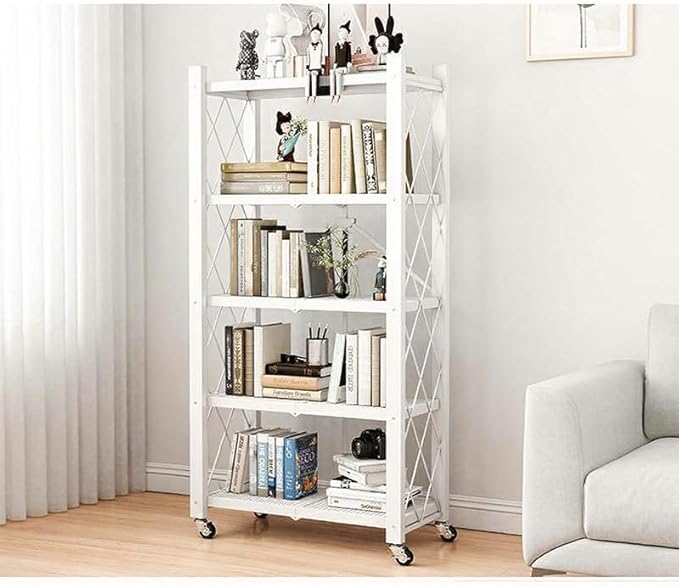 4-Tire Storage Rack, 28*13*63.8in Foldable Metal Garage Storage Shelves Organizer, Portable Metal Kitchen Shelving, Closet Shelving Unit Bakers Rack Microwave Stand, White(Tiered Shelf-5)