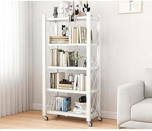 4-Tire Storage Rack, 28*13*63.8in Foldable Metal Garage Storage Shelves Organizer, Portable Metal Kitchen Shelving, Closet Shelving Unit Bakers Rack Microwave Stand, White(Tiered Shelf-5)