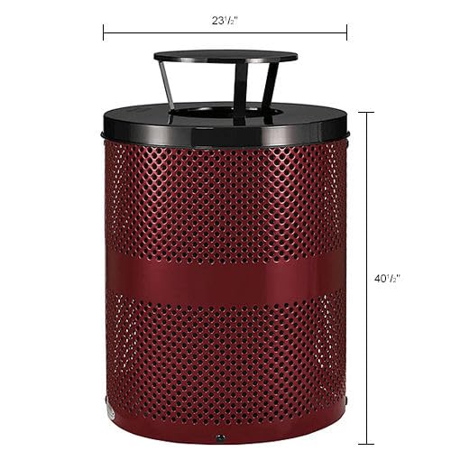 Global Industrial 32 Gallon Outdoor Perforated Steel Round Trash Can with Rain Bonnet Lid, Plastic Liner and Anchor Kit Included, 23-1/2" Diameter x 40-1/2"H, Red