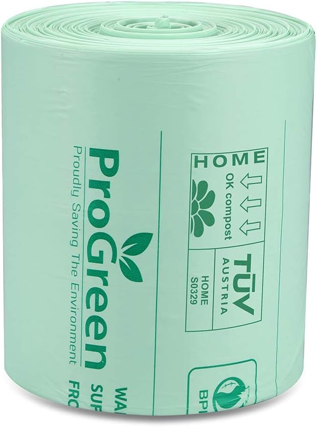 ProGreen Compostable Trash Bags, Extra Thick, Compost Kitchen Bin Bags, Food Scraps Yard Waste Bags, ASTM D6400 BPI and TÜV AUSTRIA Certified (6 Gallon, Pack of 100)