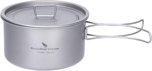 iBasingo 1.2L Titanium Soup Pot with Lid Camping Cookware with Foldable Handle Portable Lightweight Outdoor Kitchen Cooking Kit Backpacking Hiking Picnic Fishing Mountaineering Ti2106C (1 pc)