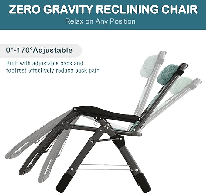 NAIZEA Padded Zero Gravity Chair, Cooling Fabric Folding Outdoor Lounge Chairs, Adjustable Reclining Camping Chairs with Cup Holder, Ergonomic Patio Lawn Chair for Balcony Beach Deck Yard
