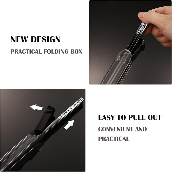 Metal Chopsticks Reusable 1 Pair Stainless Steel Travel Chopsticks Dishwasher Safe Square Lightweight Non-Slip Chop Sticks with case (Black)