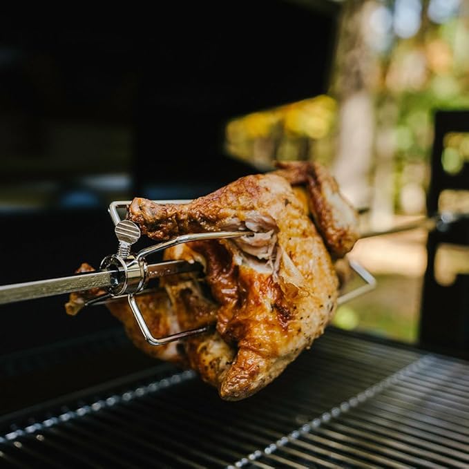 Ash & Ember 4W Rotisserie Spit Roaster Grill, Rated 33 LB, Horizontal Adjustable Spit Rod for Outdoor Charcoal BBQ with Hood, Roast Chicken, Lamb, Pig, Beef