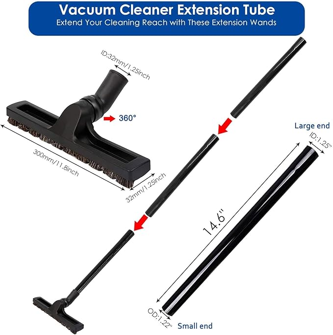 14 PCS Universal Vacuum Attachments & Brushes Kit for Shop Vac Accessories & Household Cleaning, Includes 2 1/2" to 1 1/4" and 1 7/8" to 1" Vacuum Hose Adapter,Crevice Tool & 3 Vacuum Extension Wands