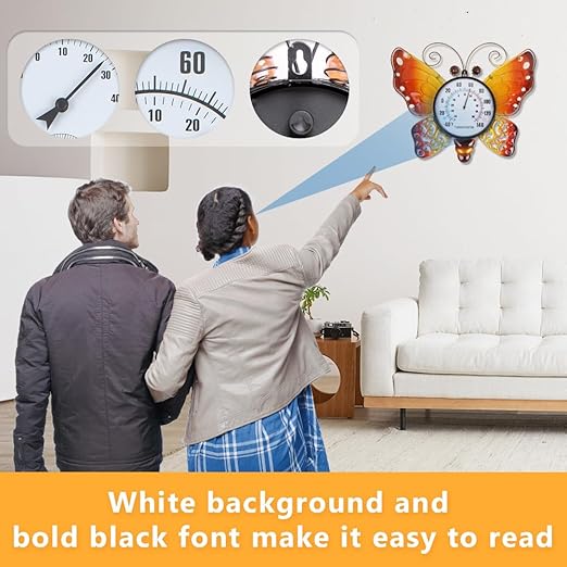 Outdoor Thermometer, Metal Indoor Thermometer, Yellow Butterfly Wall Thermometer No Need Battery for Patio Home Room Decor