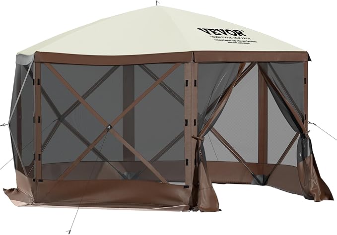 VEVOR Pop Up Gazebo Screen Tent, Pop-Up Instant Gazebo Tents with Mosquito Netting Outdoor Canopy, 6 Sided Sun Shelter 10x10ft with 6 Removable Wind Cloths & 2 Mesh Windows, Pavilion Tent for Patio