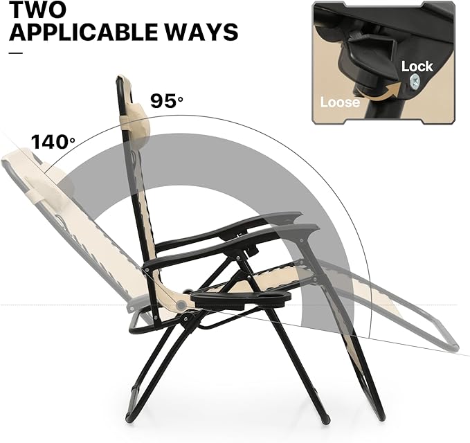 MoNiBloom 3 Pieces Cozy Lounge Chairs Table Set for Outside, Adjustable Folding Zero Gravity Recliners for Patio Beach Pool Yard Camping, 330lbs Capacity - Cream