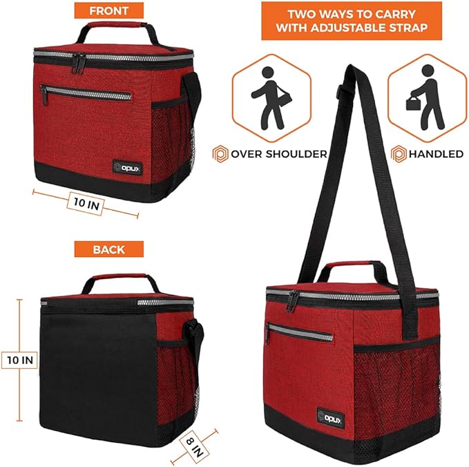 opux Extra Large Insulated Lunch Box Men Women, Lunch Bag for Work, Leakproof Soft Cooler Tote Adult, Lunch Pail, Picnic Beach Collapsible Food Bag with Shoulder Strap, Red