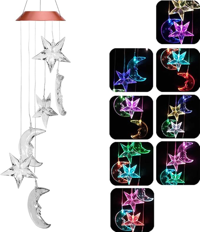 Color Changing Star Moon Solar Wind Chimes Lights Gift Portable Hanging Waterproof Mobile Romantic Wind Bell Outdoor LED Solar Stars Moon Light for Mom Gift Festival Home Patio Yard Garden Decoration