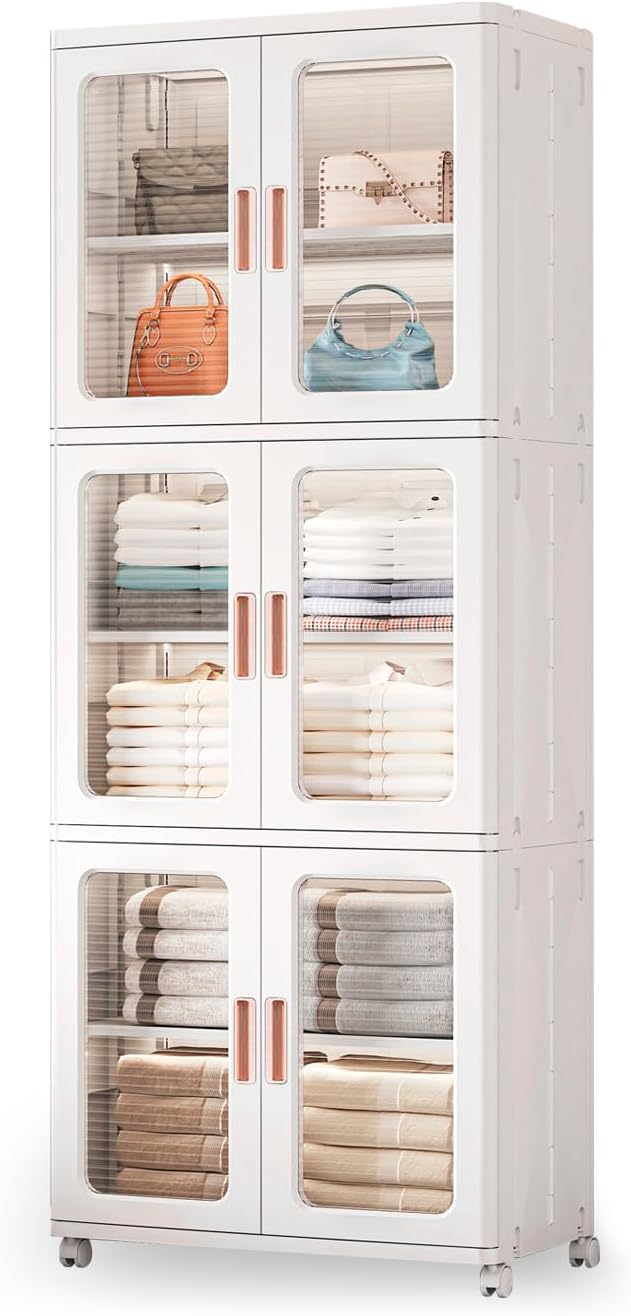 Storage Bins with Lids and Doors Storage Cabinet with Wheels Plastic Stackable Pantry Cabinet Cupboard Closet Foldable Kitchen Collapsible Storage Bins for Book Snack and Bathroom Organizer